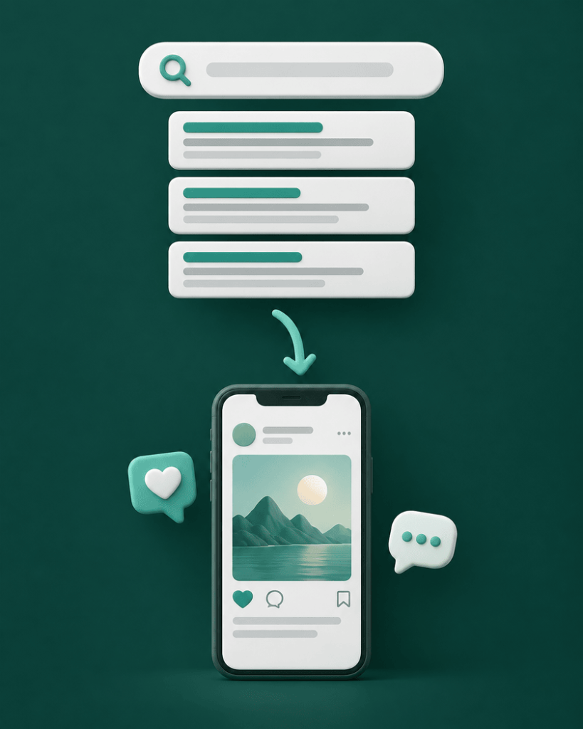 Ilustracion: barra de busqueda con resultados arriba y telefono con publicacion de red social abajo, comparando Google Ads y Meta Ads